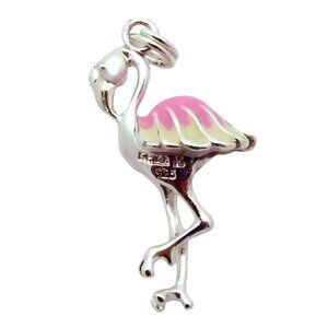 Vintage Sterling Silver Enamel Pink & White Flamingo Bird Charm Pendant
